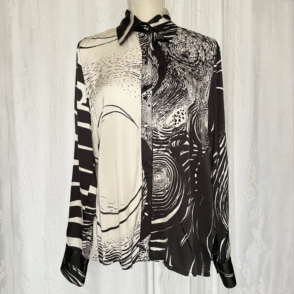 Aje Women's Stevens Shirt 12 Starry Night Black Brett Whiteley Button Up Satin